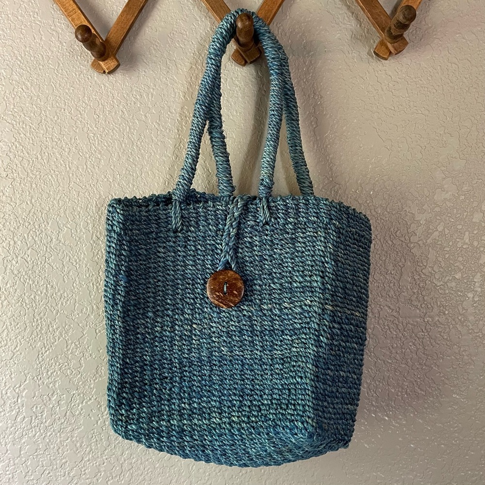 Small Blue Woven Square Button Handbag Scandi Beach Hippie Boho Granola Girl